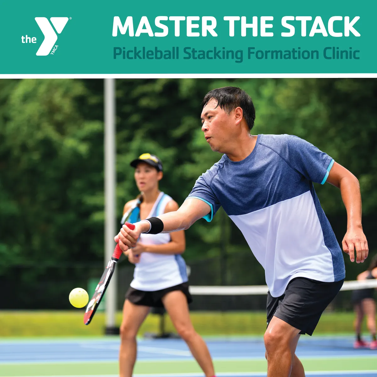 wo people playing pickleball underneath a headline of text that says, "Master the stack"